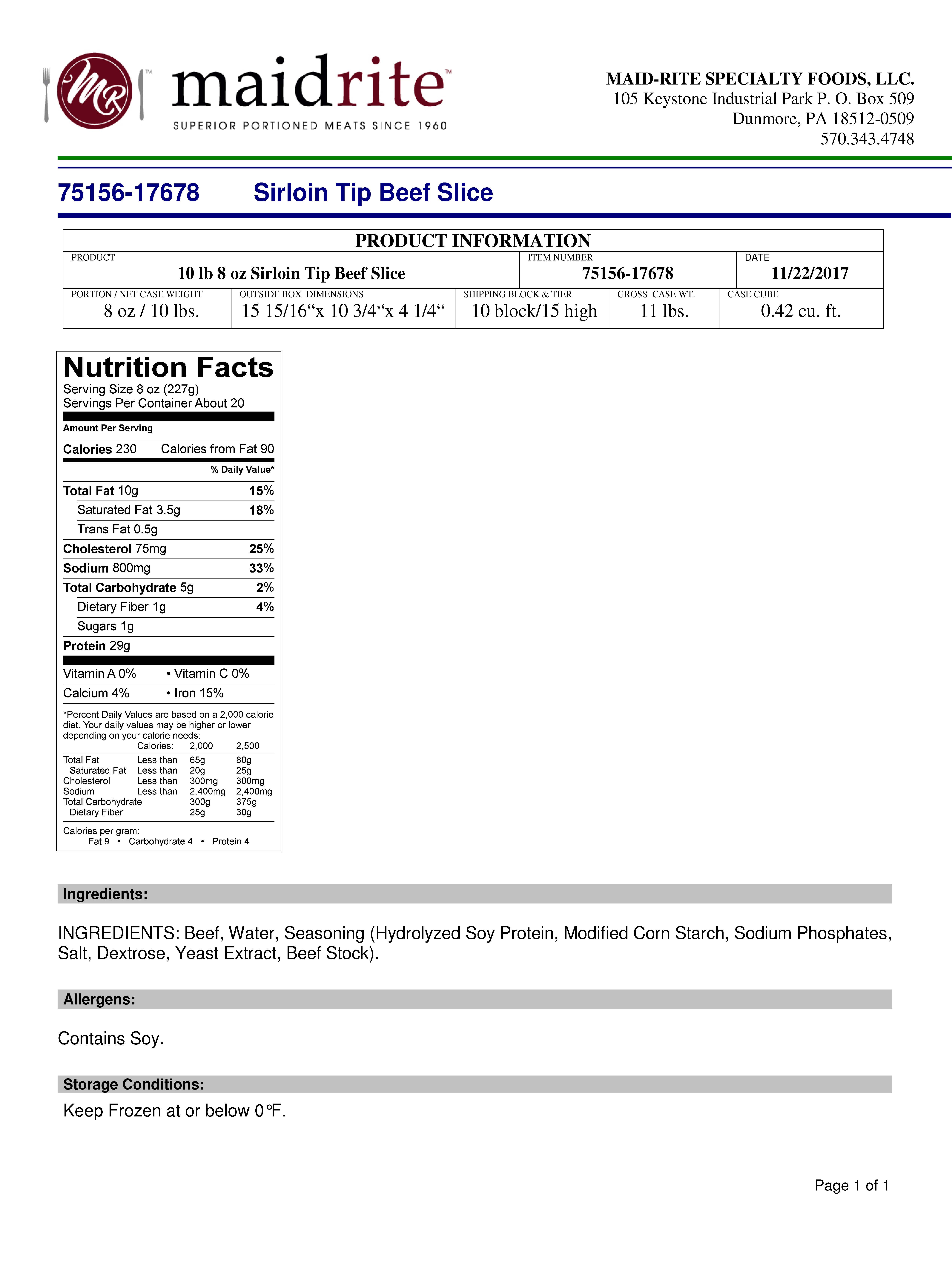 MaidRite 17678 Sirloin Tip Beef Slices10#